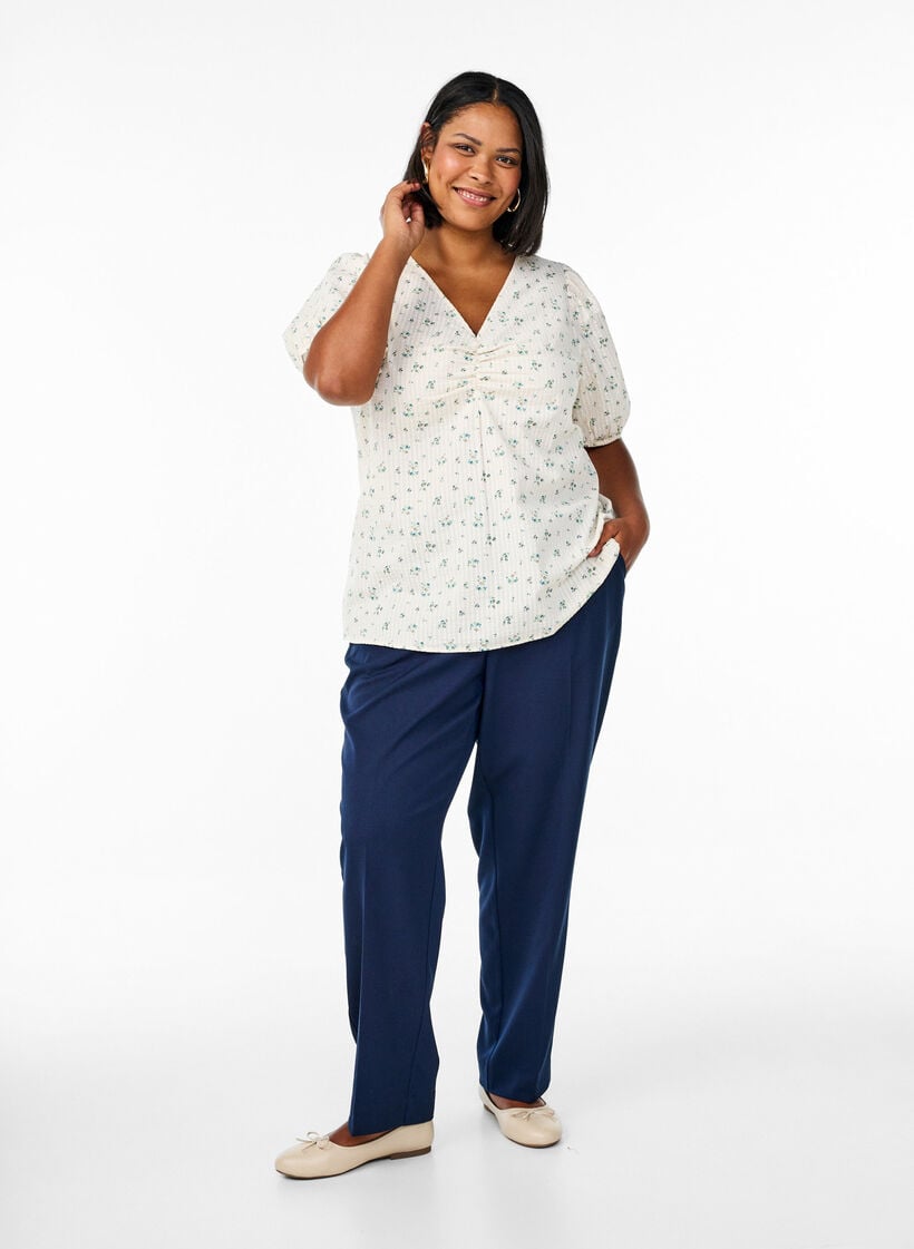 Bluse mit kurzen Puffärmeln und Raffung, Weiß, Model image number 1