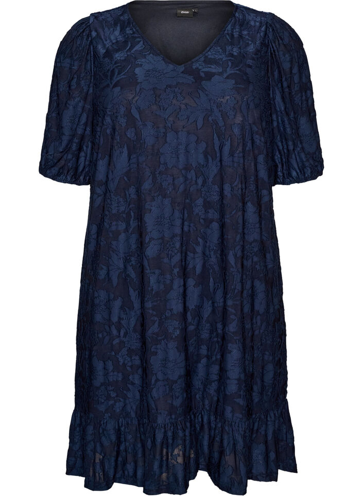 Kleid mit floraler Struktur und R&uuml;schenbesatz, Blau, Packshot image number 0