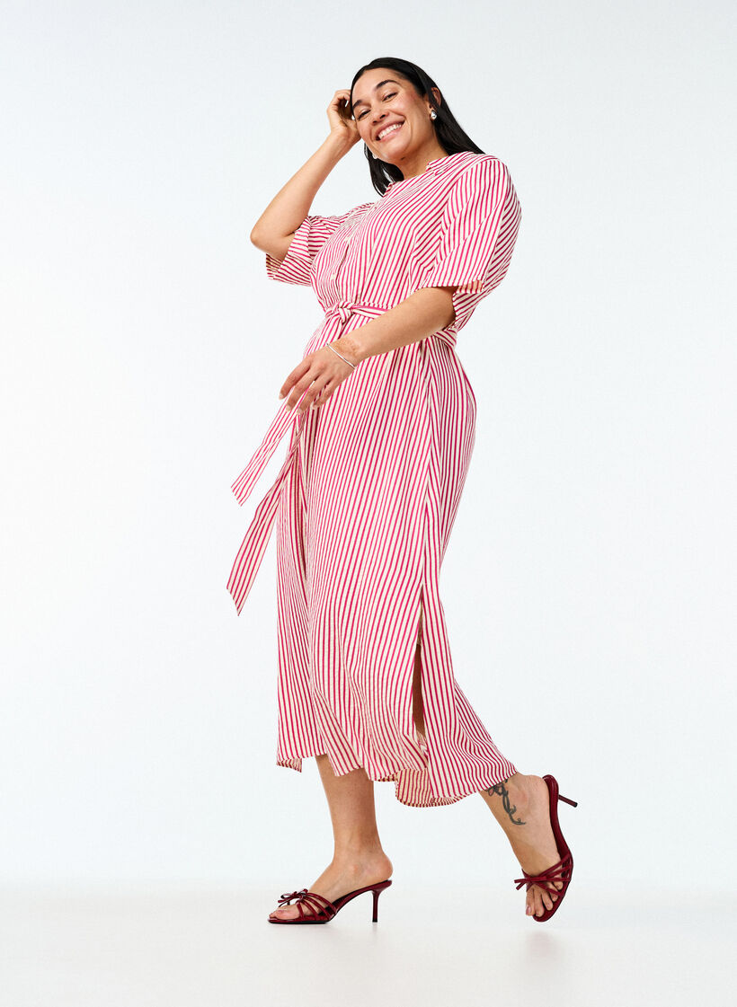 Kn&ouml;chellanges Hemdblusenkleid mit Bindeg&uuml;rtel und Streifen, Pink, Image image number 0