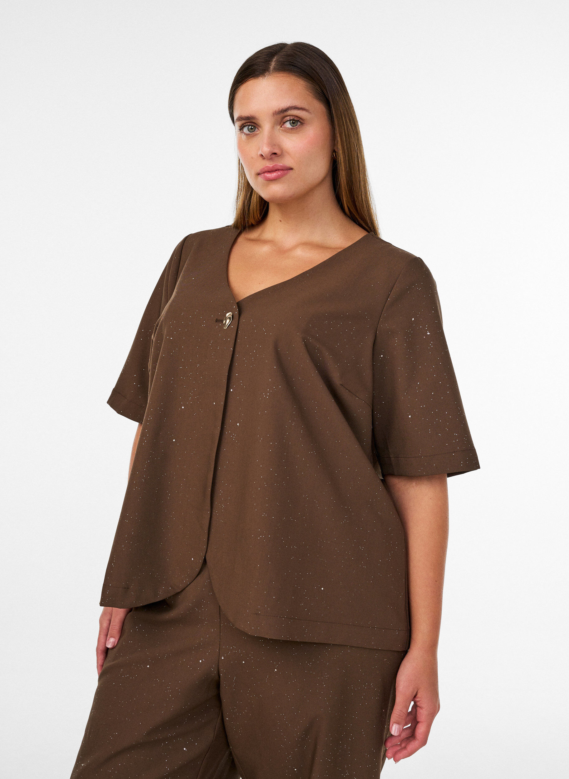 ZizziBluse mit Glitzer und V-Ausschnitt, Braun, Model image number 0