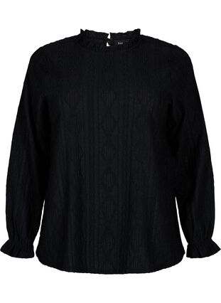 Bluse mit Rüschendetails und einem Ton in Ton gehaltenen Muster, Black, Packshot image number 0