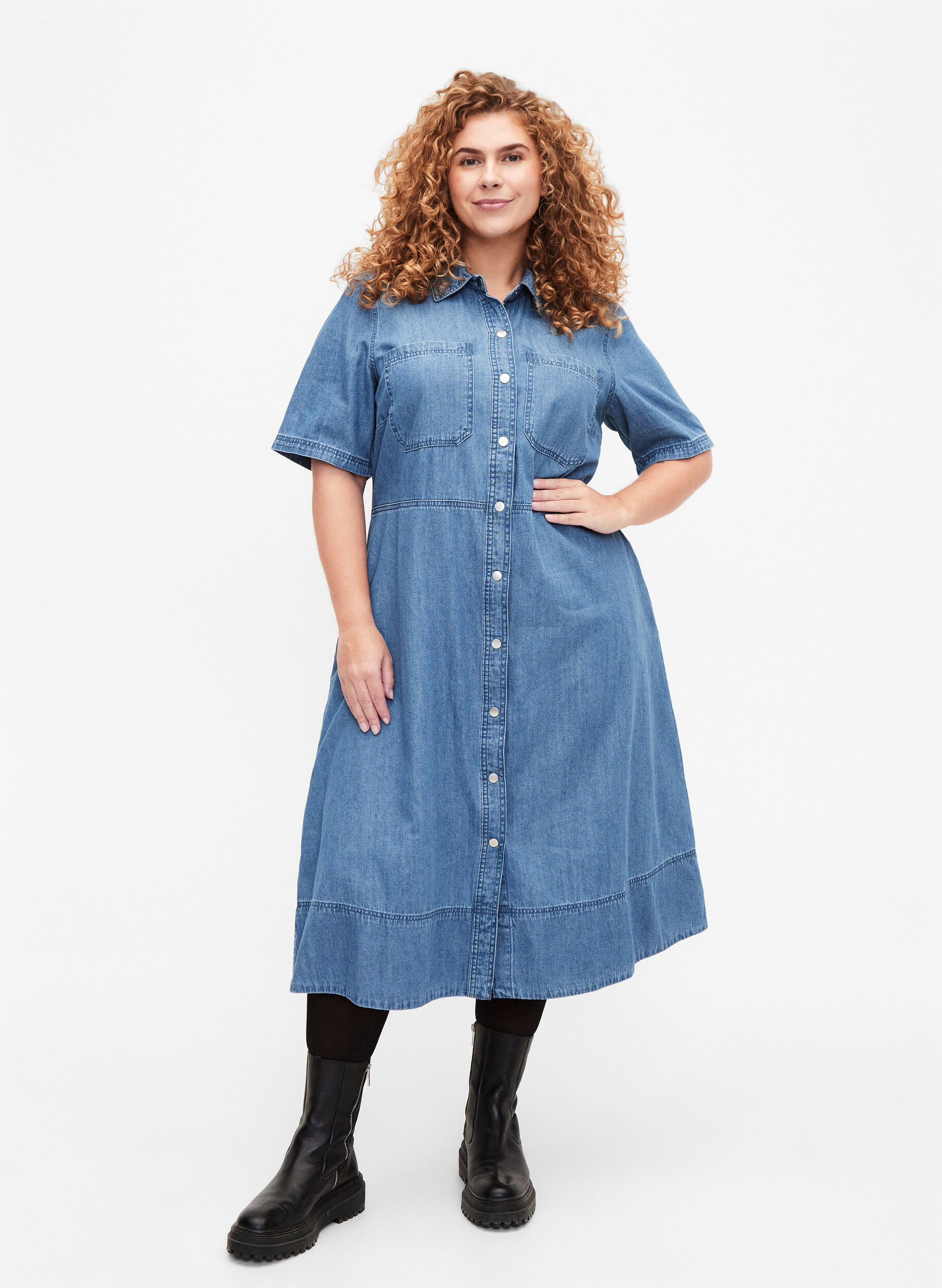 ZizziJeanshemdkleid mit kurzen &Auml;rmeln, Blau, Model image number 1