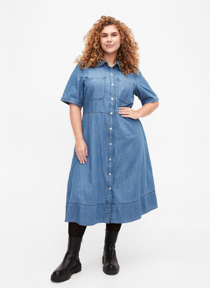 Jeanshemdkleid mit kurzen &Auml;rmeln, Blau, Model image number 1