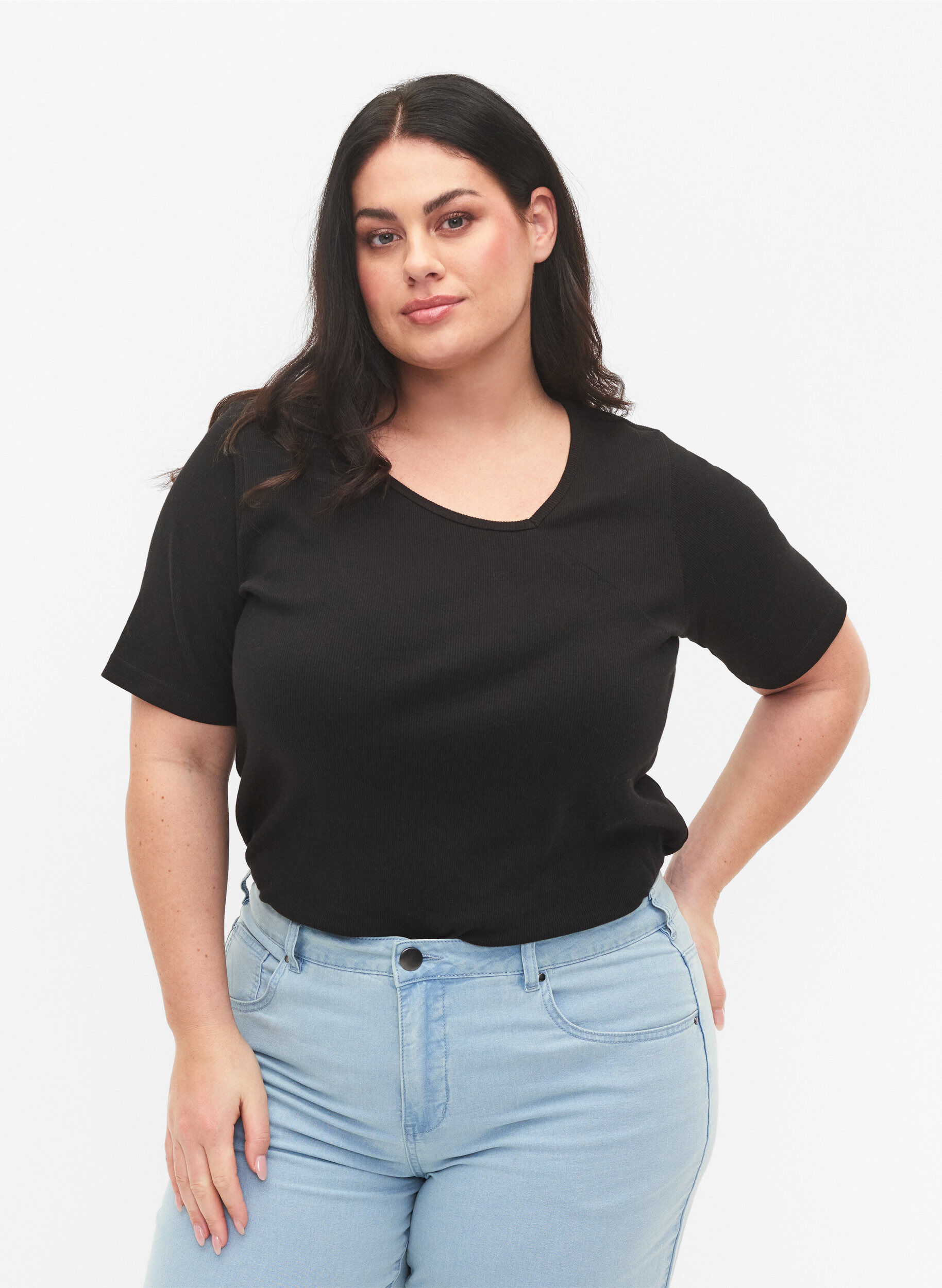 ZizziKurz&auml;rmelige Bluse aus gerippter Baumwolle, Black, Model image number 0