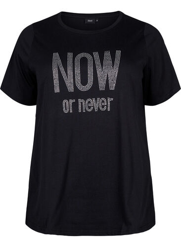 T-Shirt mit Nieten aus Bio-Baumwolle, Black NOW or never, Packshot image number 0