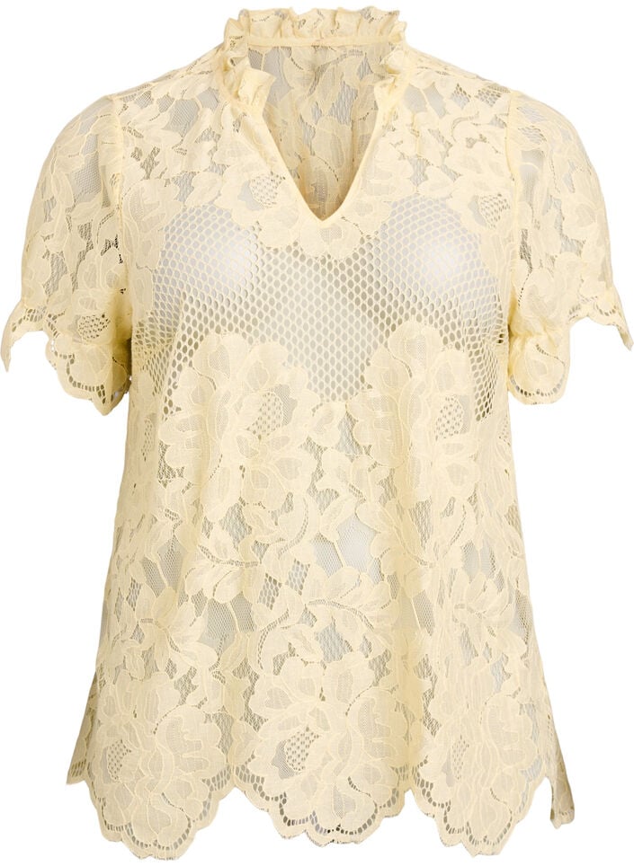 Bluse aus Spitze mit R&uuml;schenkragen und kurzen &Auml;rmeln, Gelb, Packshot image number 0