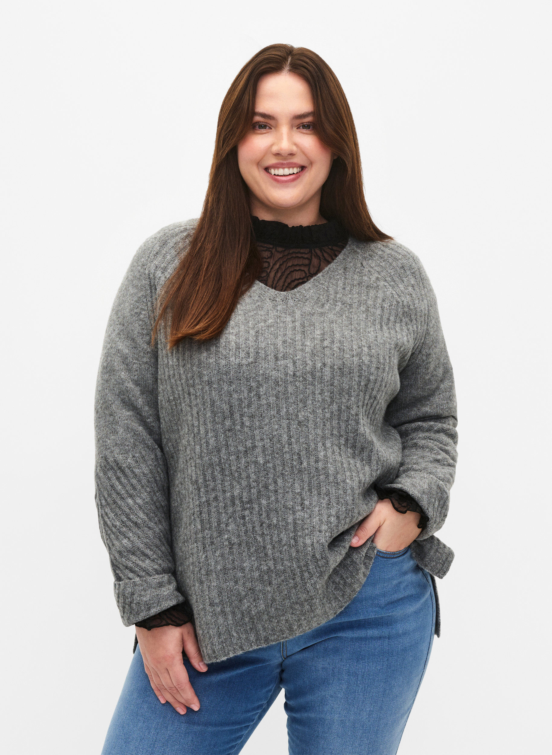 ZizziStrickpullover mit Schlitz, Light Grey Melange, Model image number 0