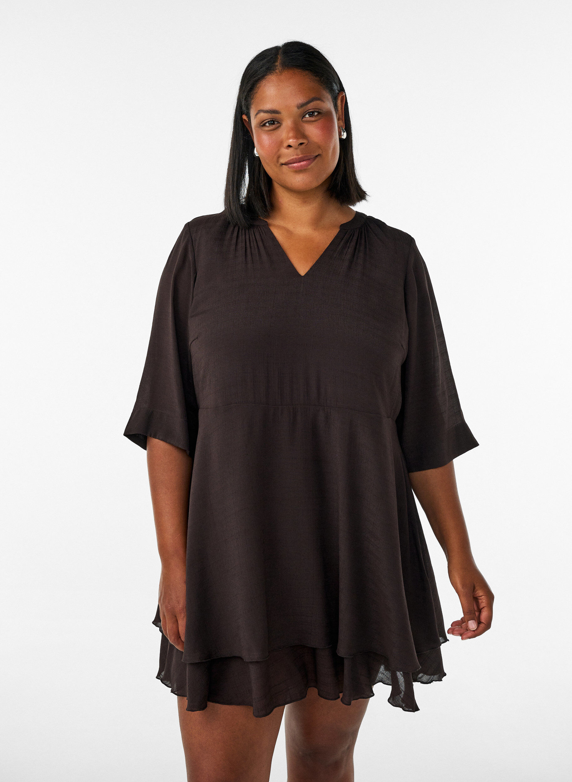 ZizziA-Linien-Kleid mit gestuften R&uuml;schen, Braun, Model image number 0