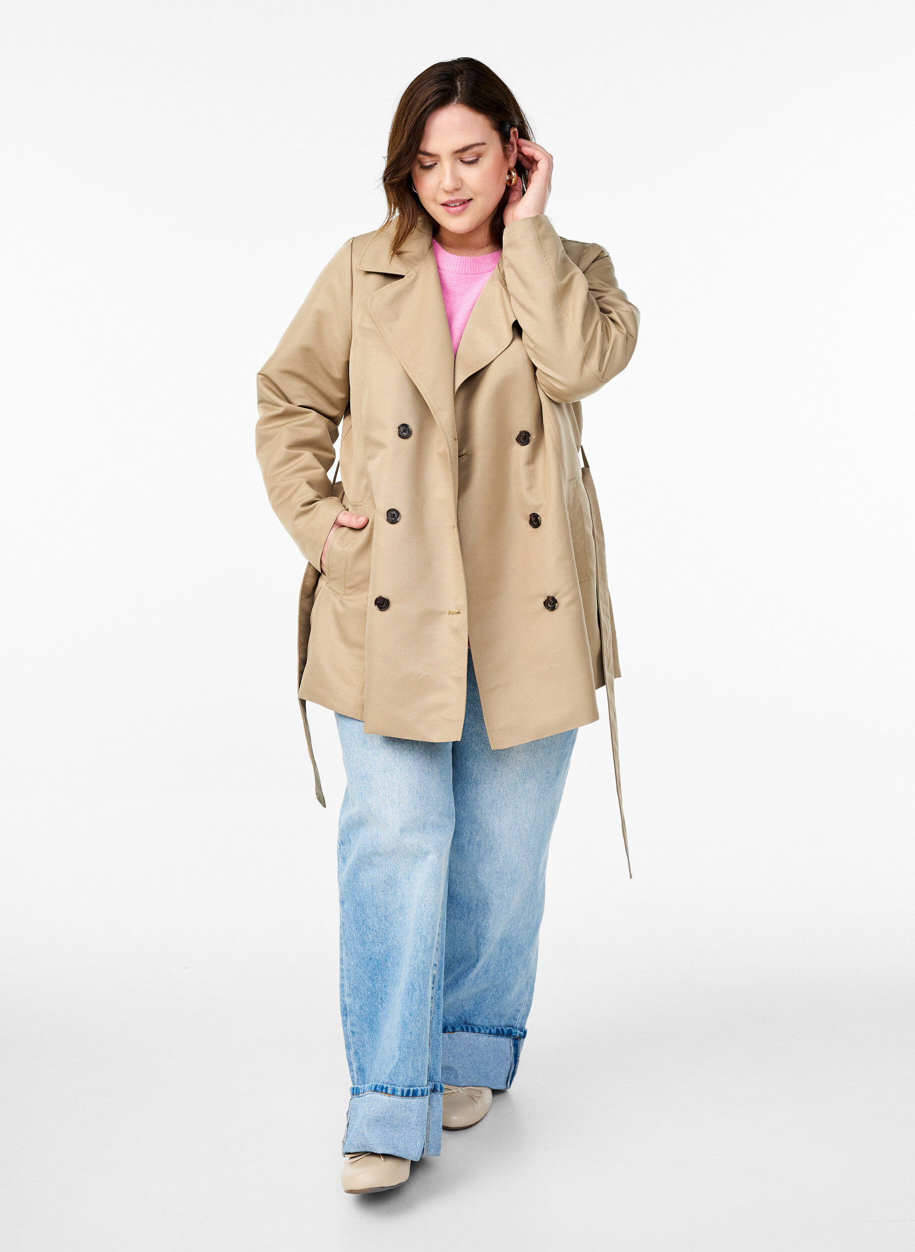 ZizziKurzer Trenchcoat mit G&uuml;rtel, Beige, Model image number 1