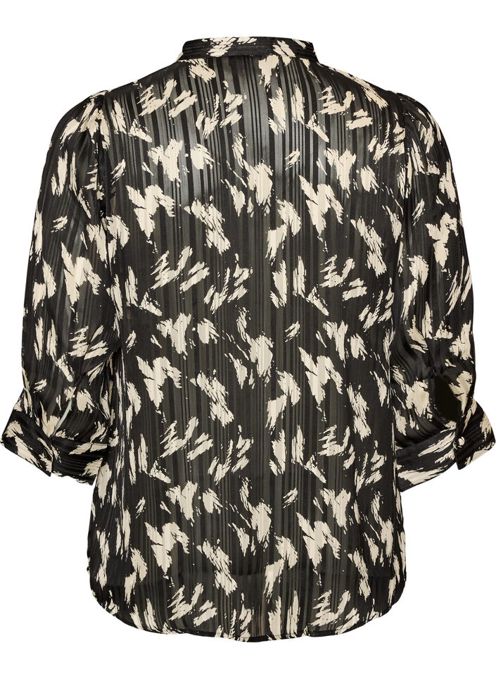 Gemusterte Bluse mit Stehkragen und 3/4-&Auml;rmeln, Schwarz, Packshot image number 1