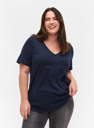 T-Shirt aus Bio-Baumwolle mit V-Ausschnitt, Navy Blazer, Model image number 0