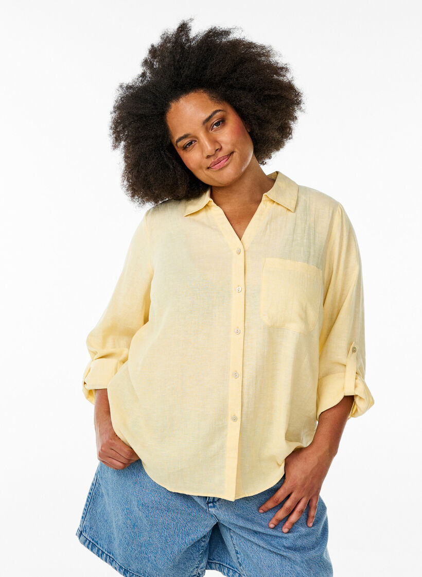 Bluse aus Leinen und Viskose mit 3/4-&Auml;rmeln, Gelb, Model image number 0