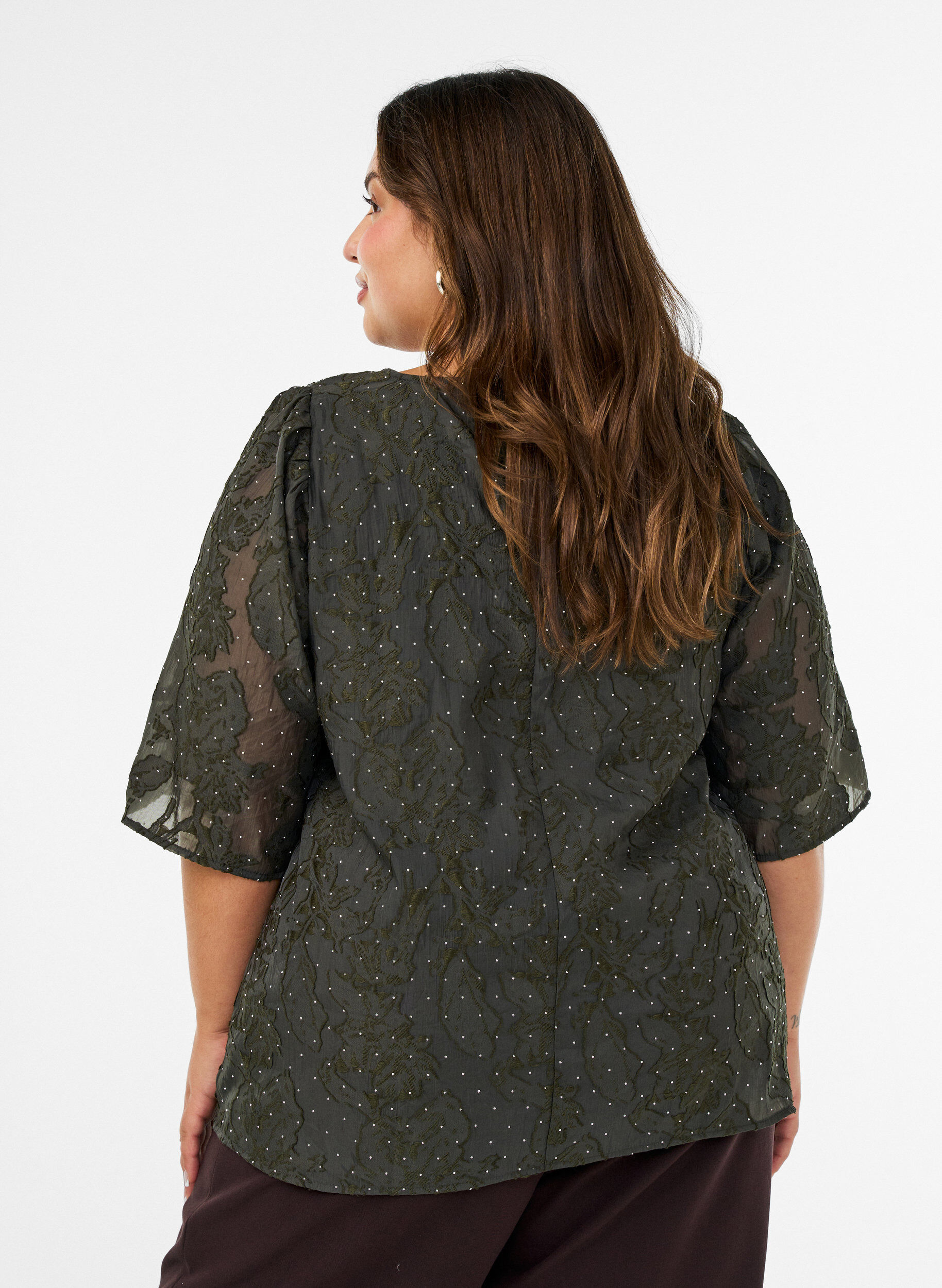 ZizziJacquardbluse mit funkelnden Details und Puff&auml;rmeln, Gr&uuml;n, Model image number 2
