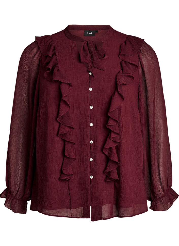 Transparente Bluse mit R&uuml;schen und Bindeband, Rot, Packshot image number 0