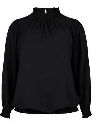 Einfarbige gesmokte Bluse mit langen Ärmeln, Black, Packshot image number 0