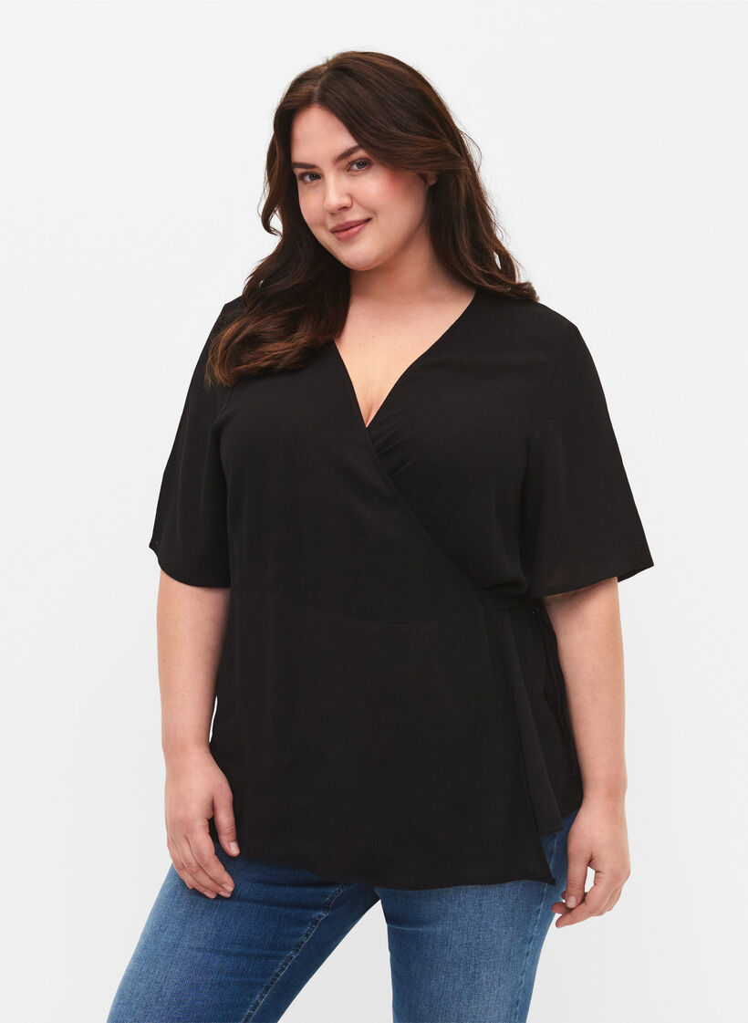 Bluse aus Viskose mit Wickel-Optik, Black, Model image number 0