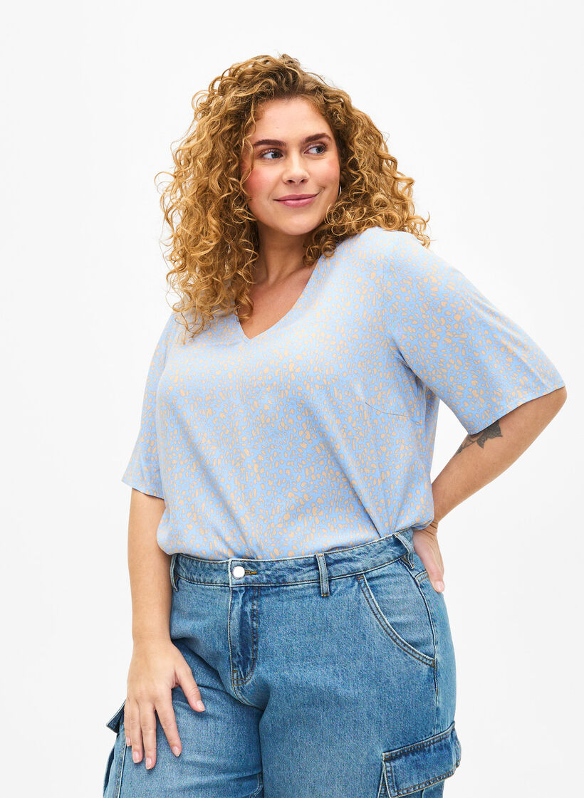 Bluse aus Viskose mit V-Ausschnitt und Aufdruck, Blau, Model image number 0