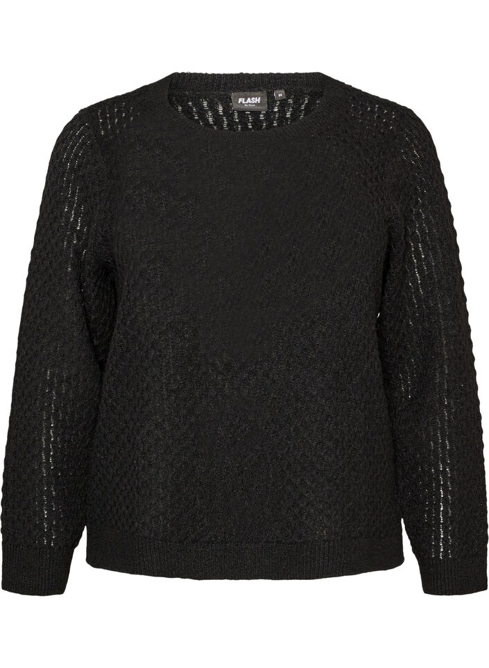 Strickbluse mit strukturiertem Lochmuster, Schwarz, Packshot image number 0