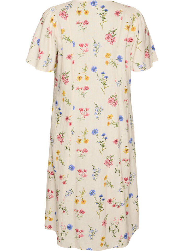 Midikleid aus Leinen und Viskose mit R&uuml;schen&auml;rmeln, Beige, Packshot image number 1