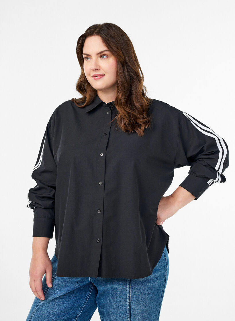 Lockere Bluse mit sportlichen Streifen auf den Ärmeln, Schwarz, Model image number 0