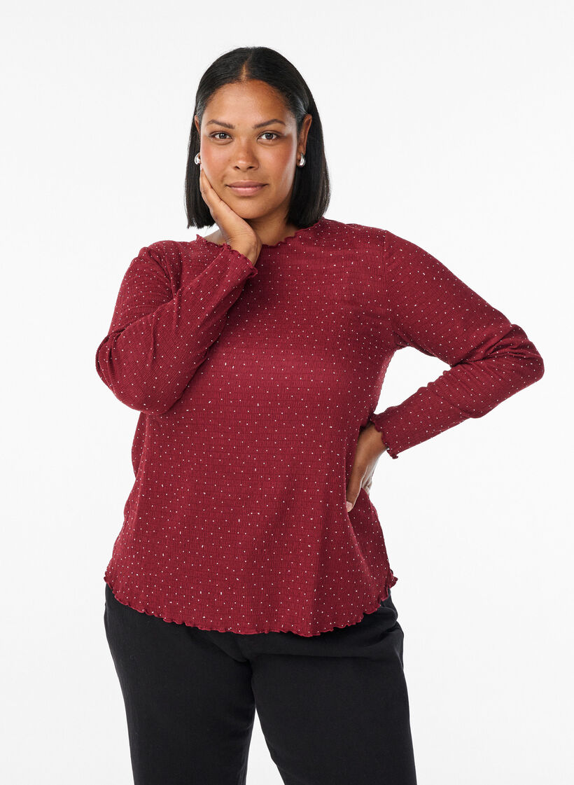 Langärmelige Bluse mit Strasssteinen, Dunkles Bordeaux, Model image number 0