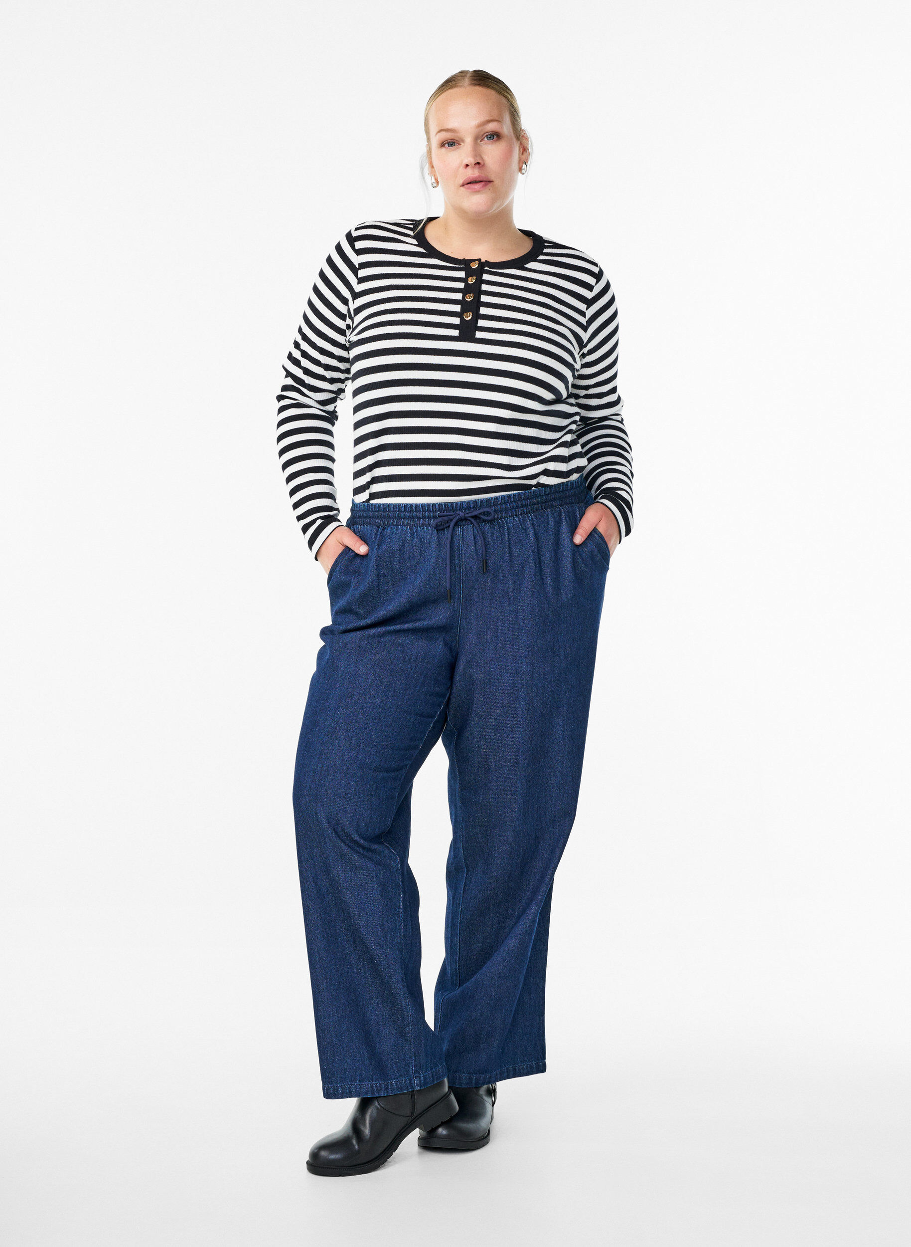 ZizziGestreifte Jerseybluse mit Rippstruktur, Schwarz, Model image number 1