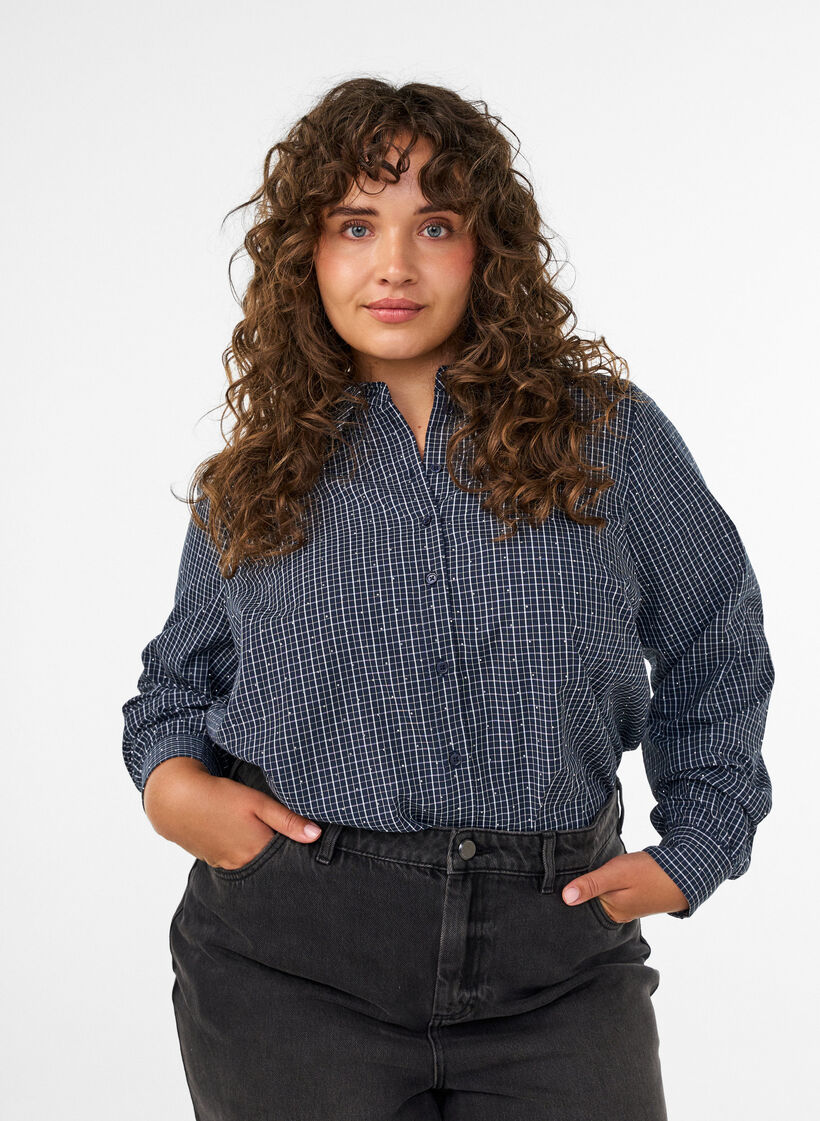 Kariertes Hemd mit Strasssteinen, Blau, Model image number 0