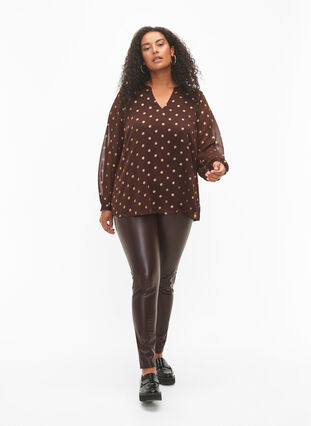 Bedruckte Bluse mit V-Ausschnitt, Fudge/Gold Dots, Model image number 2