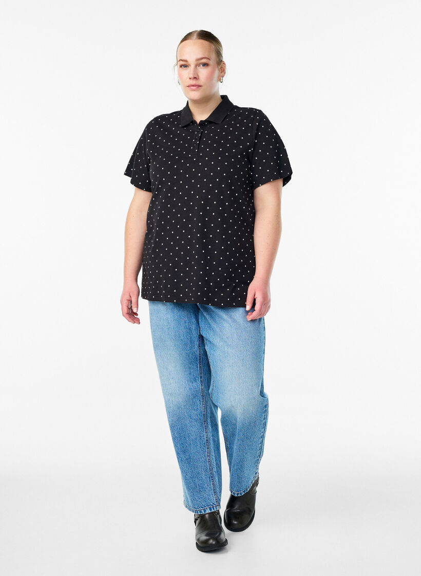 Gepunktetes Poloshirt mit kurzen Ärmeln, Schwarz, Model image number 1