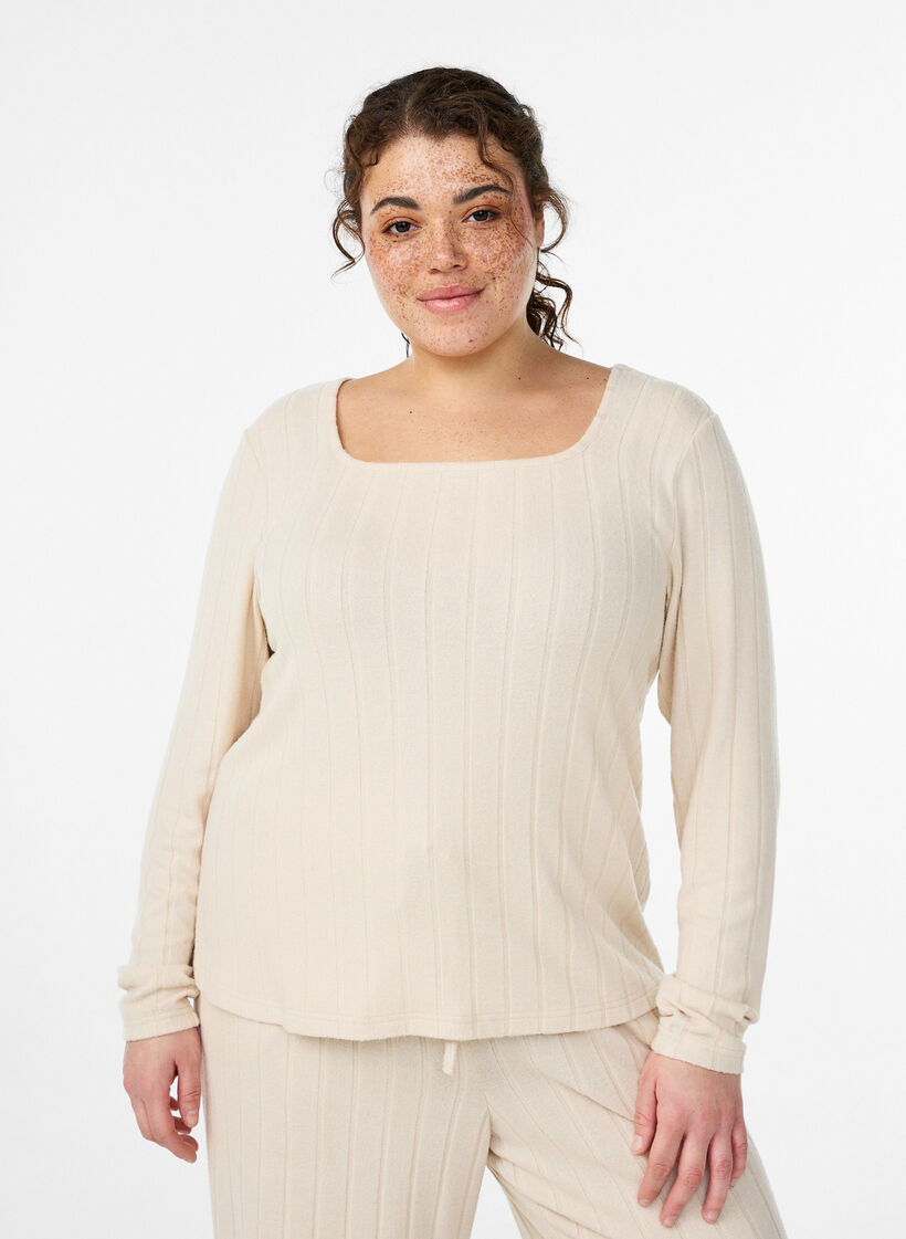 Bluse aus Jersey mit eckigem Ausschnitt und Rippstruktur, Beige, Model image number 0