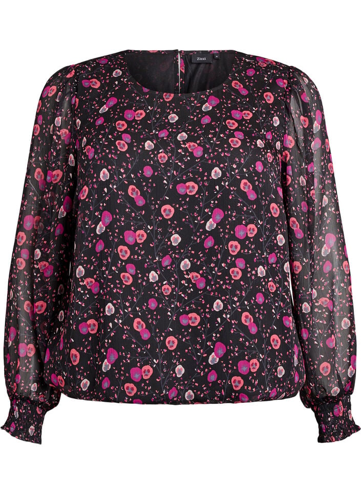 Gebl&uuml;mte Bluse aus Chiffon mit transparenten &Auml;rmeln, Schwarz, Packshot image number 0