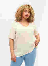 Bluse aus Baumwolle mit Stickerei und kurzen Ärmeln, Buttercream, Model