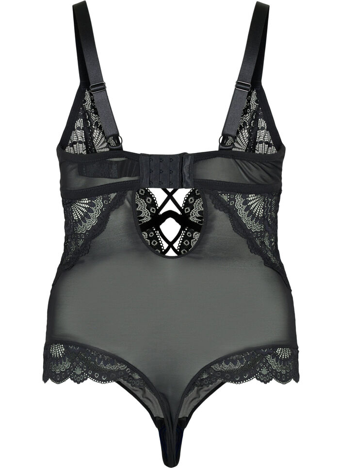 Bodystocking aus Spitze mit Schnüren, Schwarz, Packshot image number 1