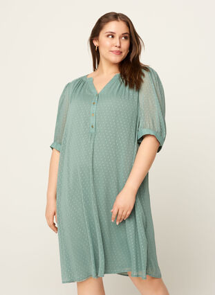Kleid mit kurzen Ärmeln und Knöpfen, Chinois Green, Model image number 0