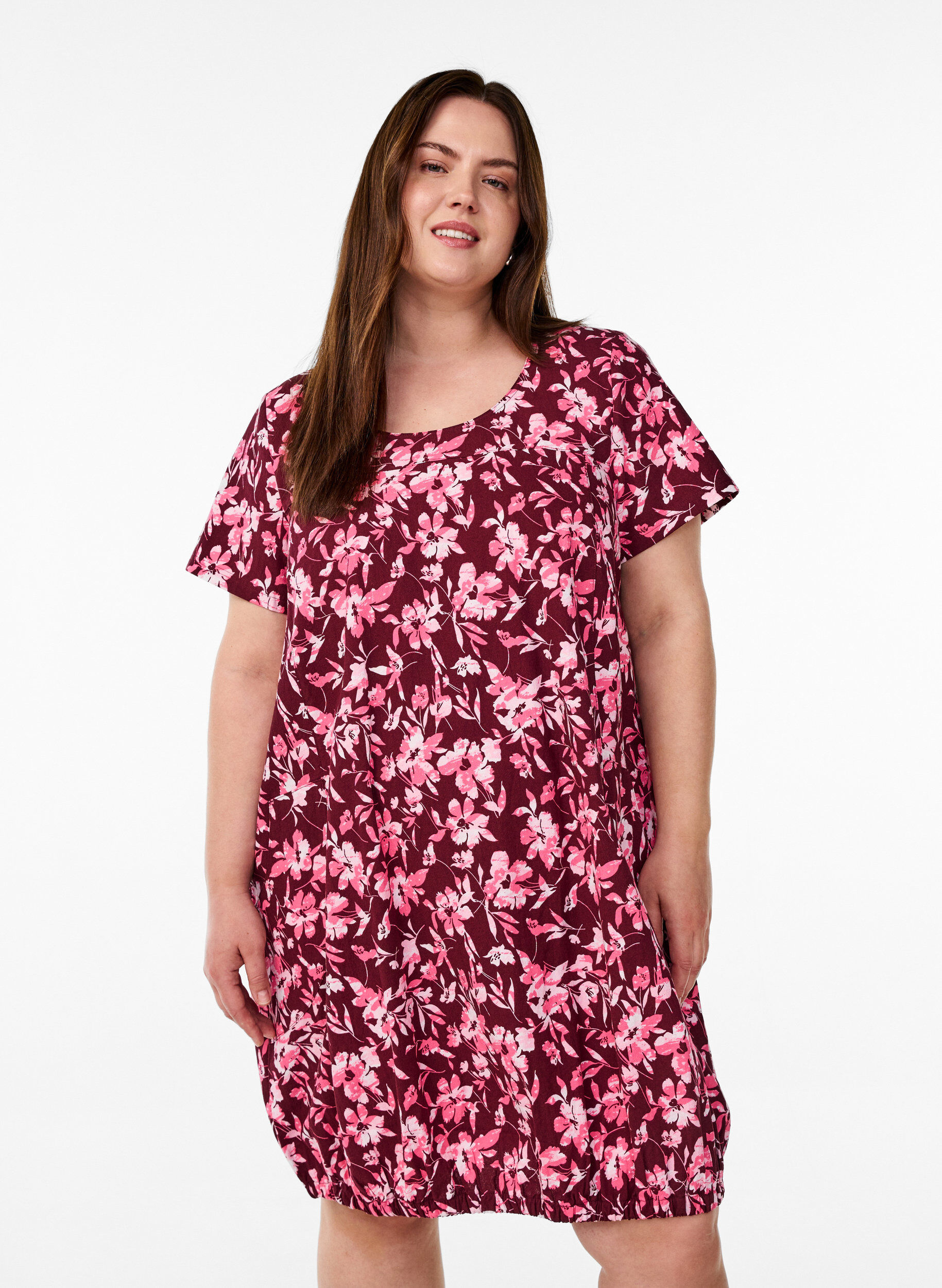ZizziKurz&auml;rmliges Baumwollkleid mit Aufdruck, Dunkles Bordeaux, Model image number 0