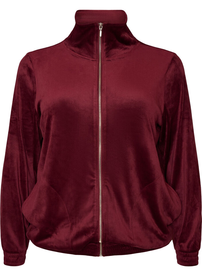 Weicher Cardigan aus Velours mit Rei&szlig;verschluss und hohem Kragen, Rot, Packshot image number 0