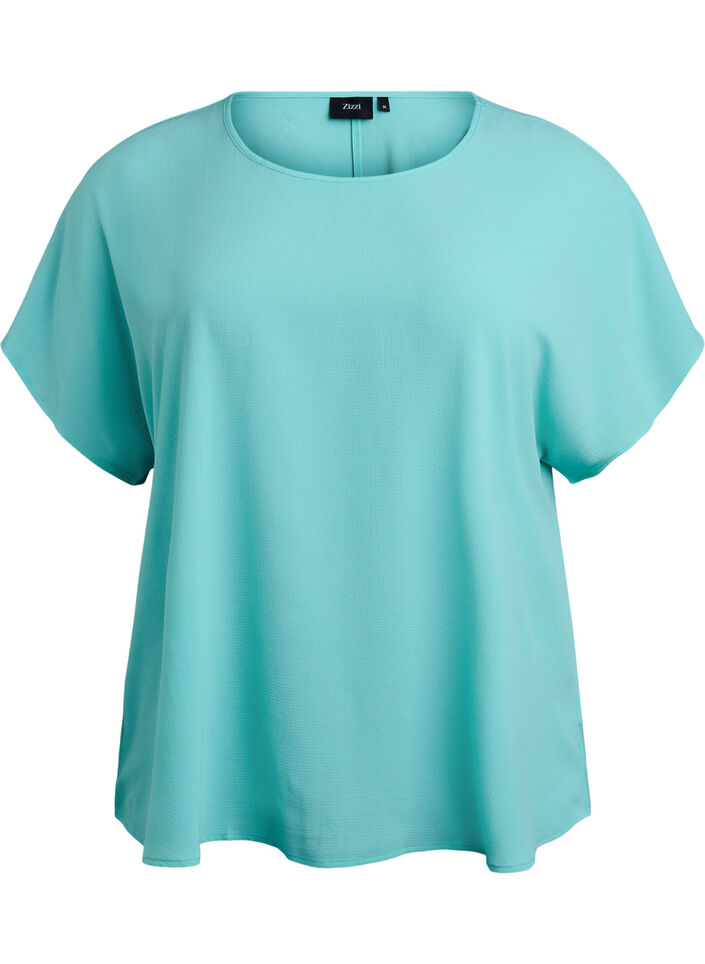 Bluse mit kurzen &Auml;rmeln und einem Rundhalsausschnitt, Blau, Packshot image number 0