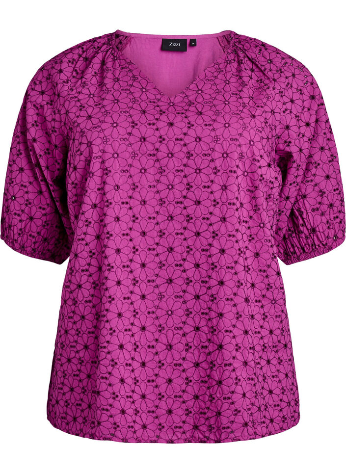 Bluse mit gesticktem Blumenmuster, Lila, Packshot image number 0