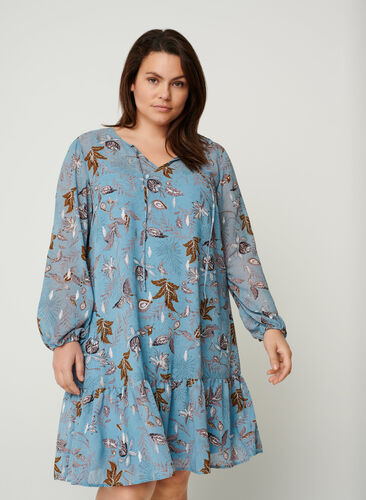 Langarm Kleid mit Blumenprint, Light Blue AOP, Model image number 0
