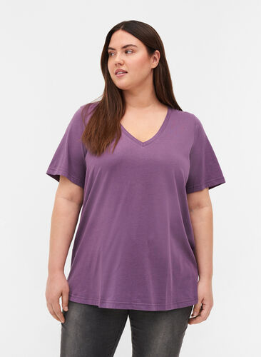 T-Shirt aus Bio-Baumwolle mit V-Ausschnitt, Vintage Violet, Model image number 0