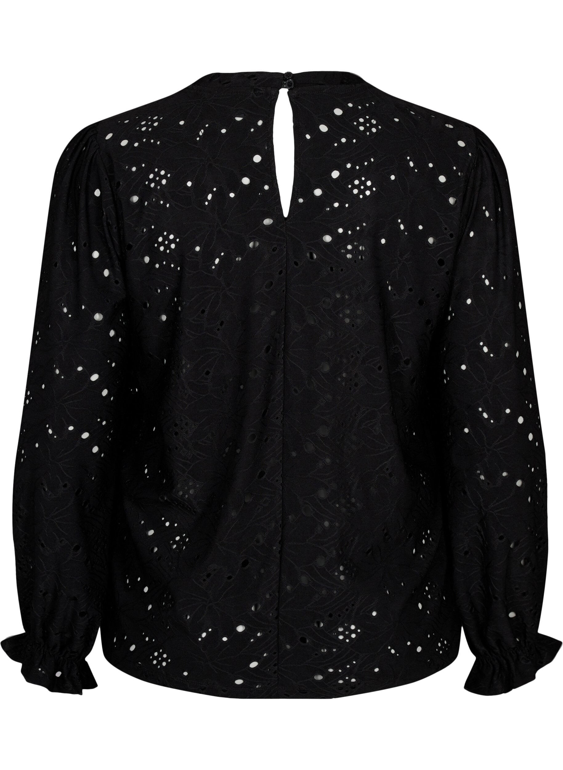 Zizzi Lang&auml;rmlige Bluse mit Lochmuster, Black, Packshot image number 1