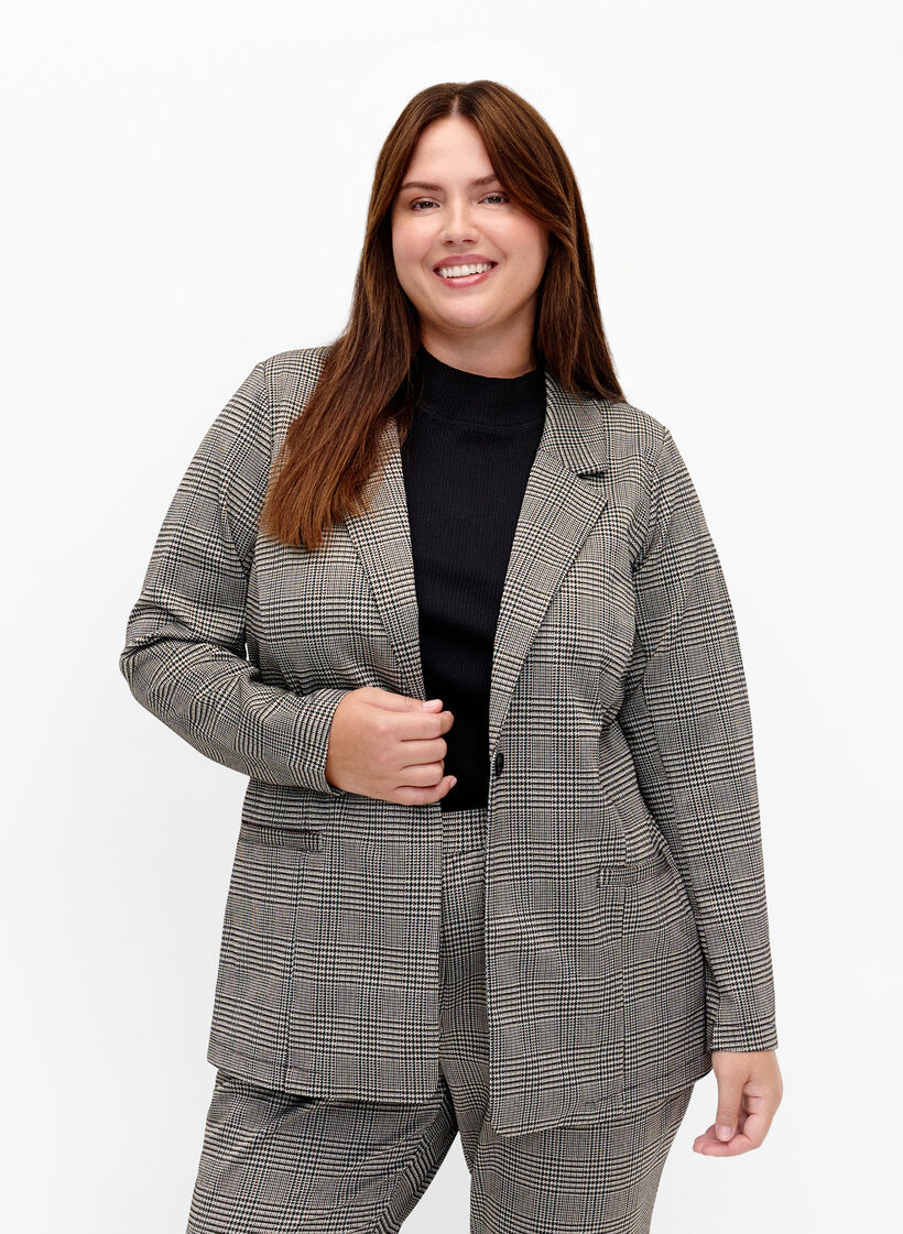 Karierter Blazer mit Knopfverschluss, Beige Brown Check, Model image number 0