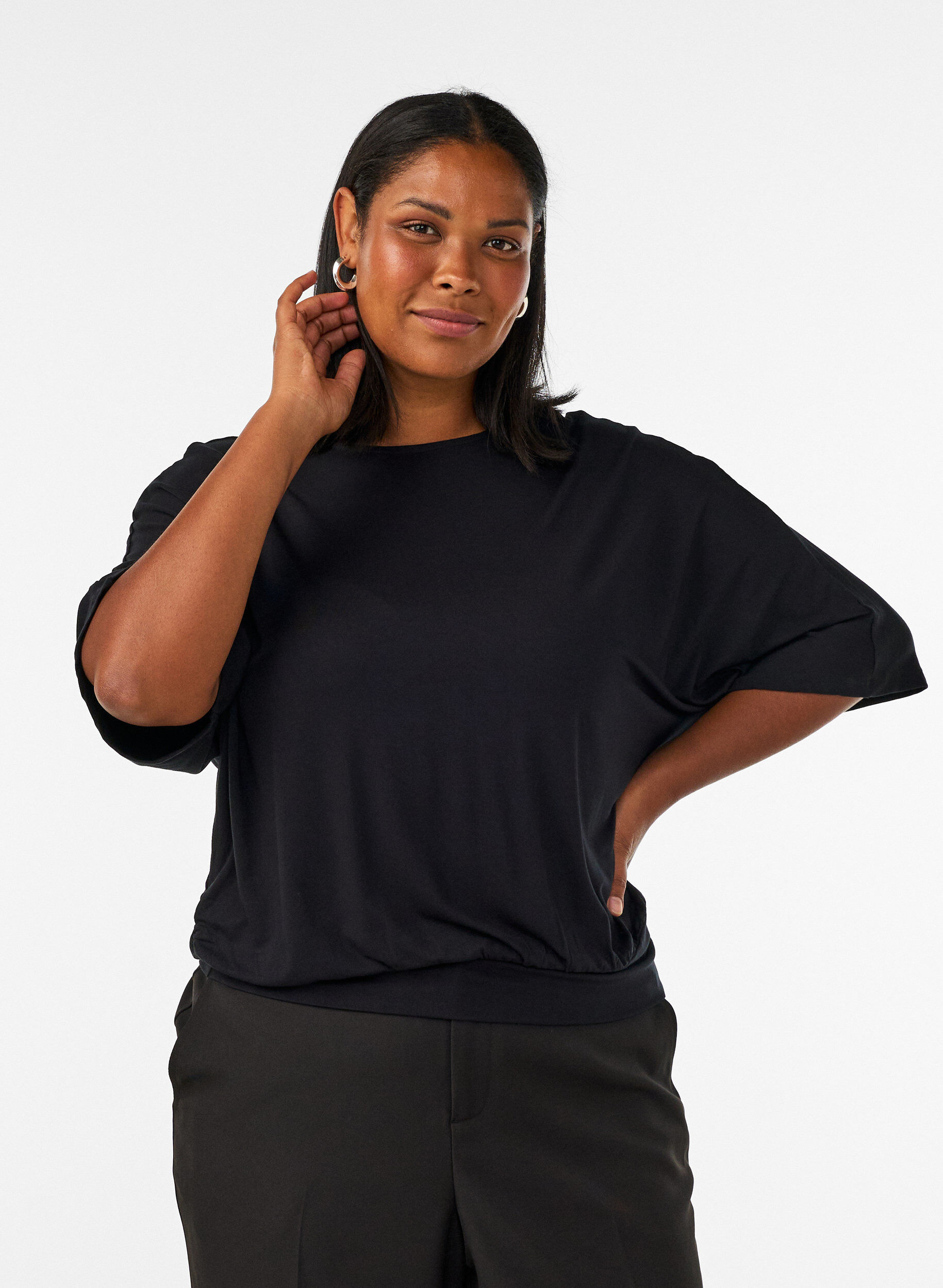 ZizziBluse aus Jersey mit ellbogenlangen Ballon&auml;rmeln, Schwarz, Model image number 0