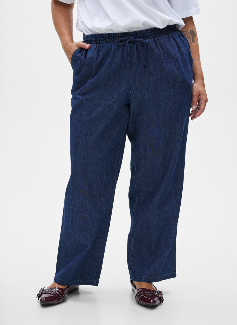 Gerade geschnittene Jeans mit elastischem Bund, Blau, Model image number 2
