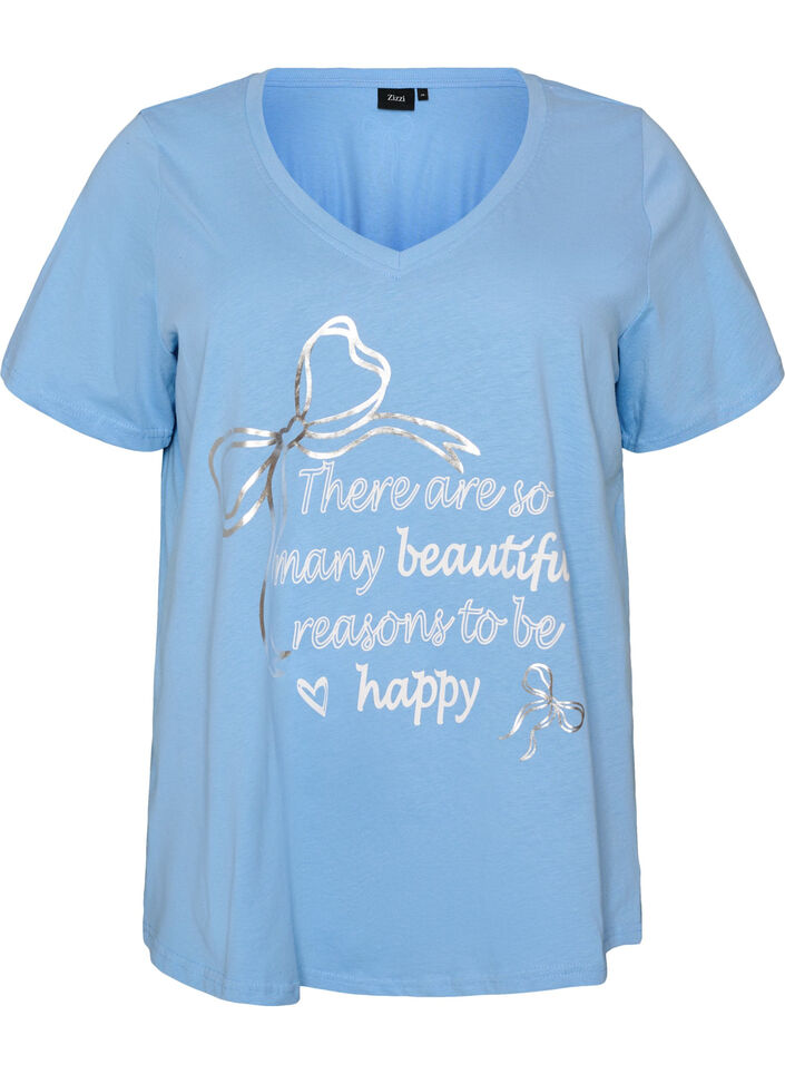 T-Shirt aus Baumwolle mit V-Ausschnitt und Frontprint, Blau, Packshot image number 0