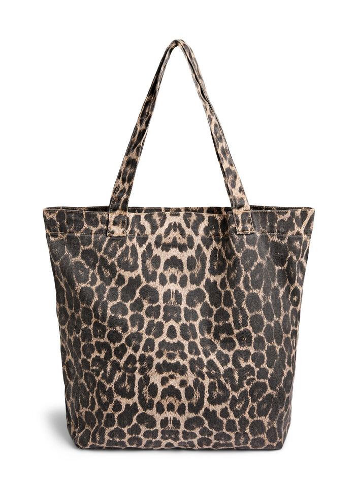 Denim Shopper mit Leopardenmuster, Braun, Packshot image number 1