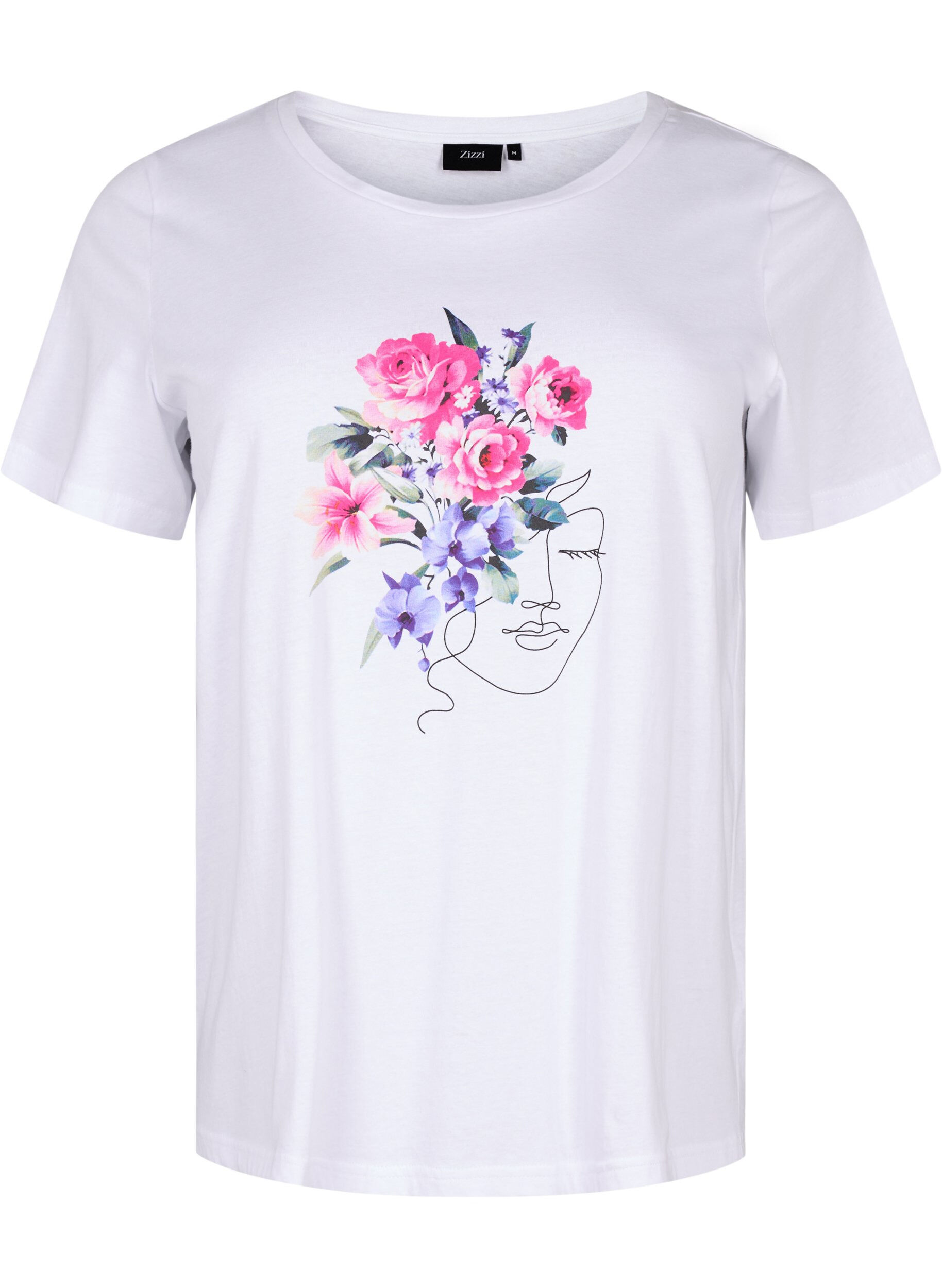 ZizziBaumwoll-T-Shirt mit Blumen- und Portr&auml;t-Motiv, B. White Face Flower, Packshot image number 0