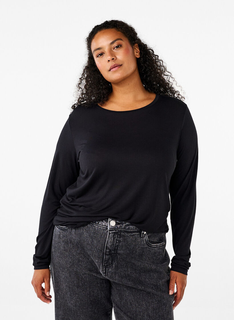 Lang&auml;rmelige Bluse aus Wolle und Viskose, Schwarz, Model image number 0