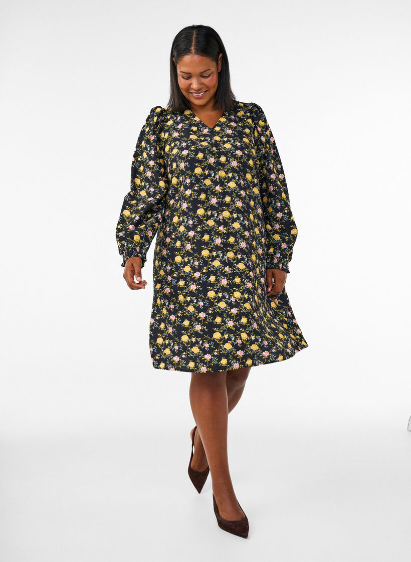 Gemustertes Kleid aus Viskose mit langen &Auml;rmeln, Schwarz, Model image number 1