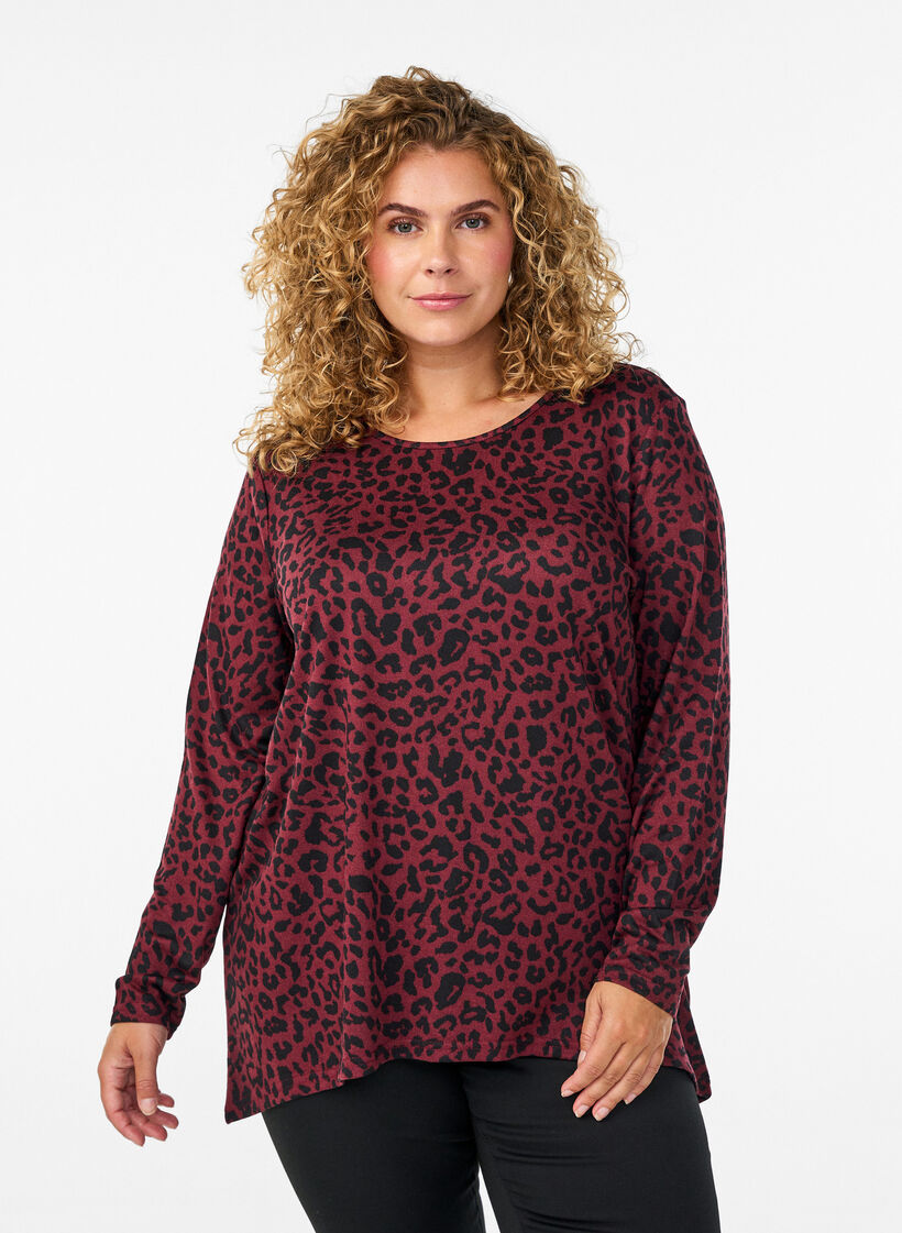 Bluse mit Leopardenmuster und langen &Auml;rmeln, Dunkles Bordeaux, Model image number 0